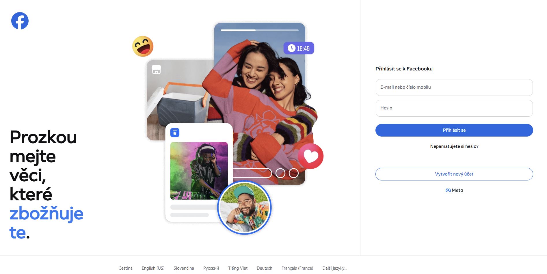 Oficiální webová stranka Facebook pro přihlášení